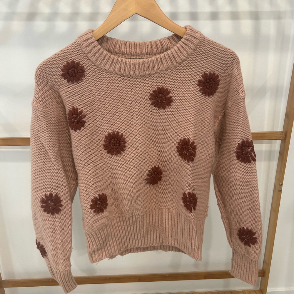 Madewell Pink and Brown Crew Neck Sweater with Playful Pom-Poms